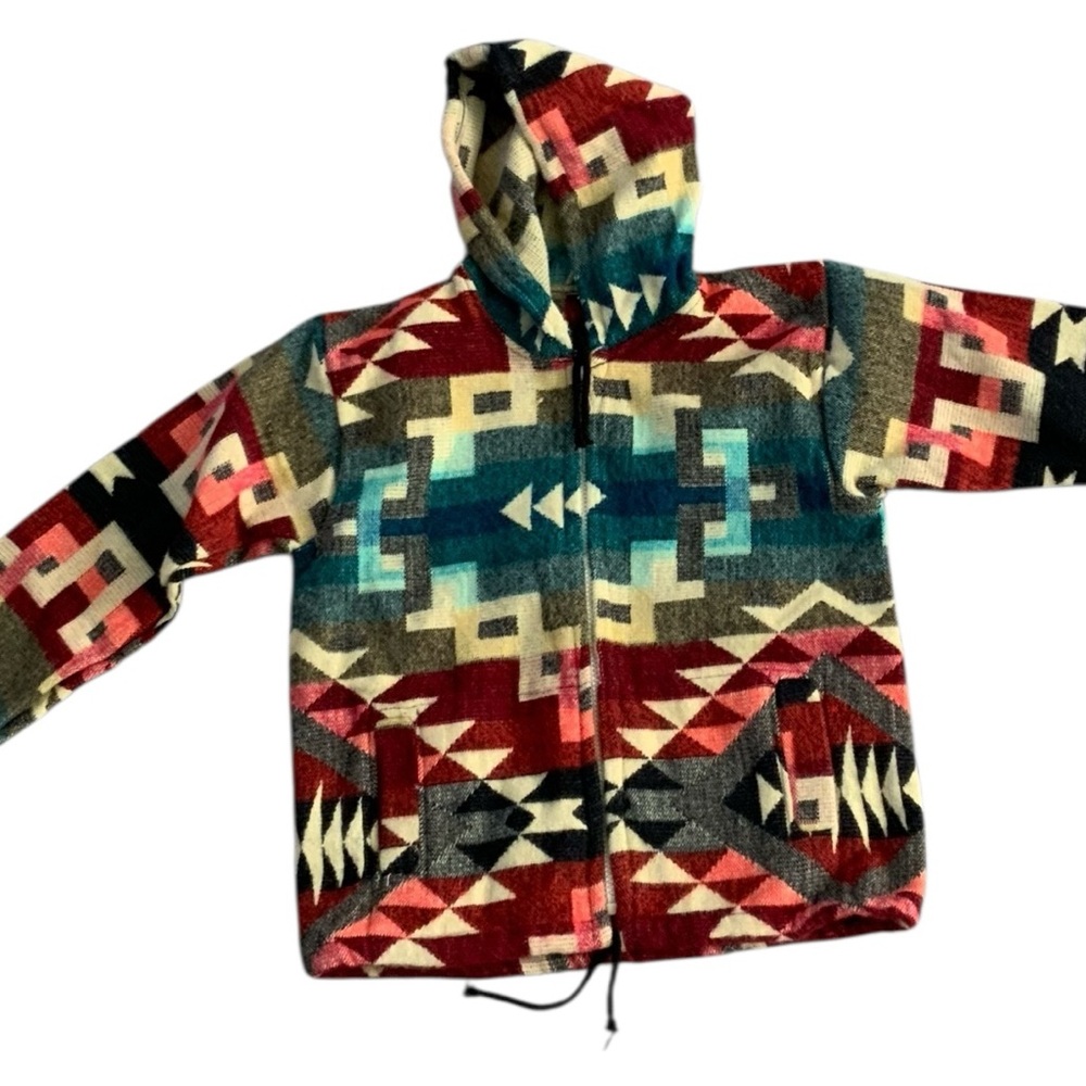 Hand Made Wool Kids Multicolor Patterned Hoodie Jacket SZ 8